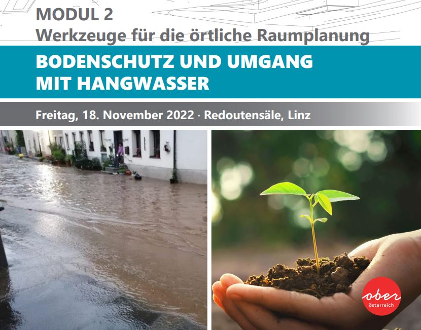 Überschwemmte Straße (links), Setzling in einer Hand (rechts)